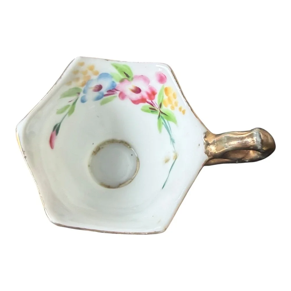Occupied Japan Tea Cup Saucer Set Vintage‎ Hexagonal Floral Porcelain Gold Trim
